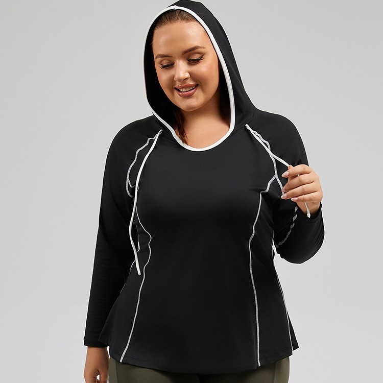 Camiseta de yoga con capucha ActiveGo Plus Size transpirable con bloques de color, de secado rápido, ideal para fitness al aire libre y para mujer._voghion.com