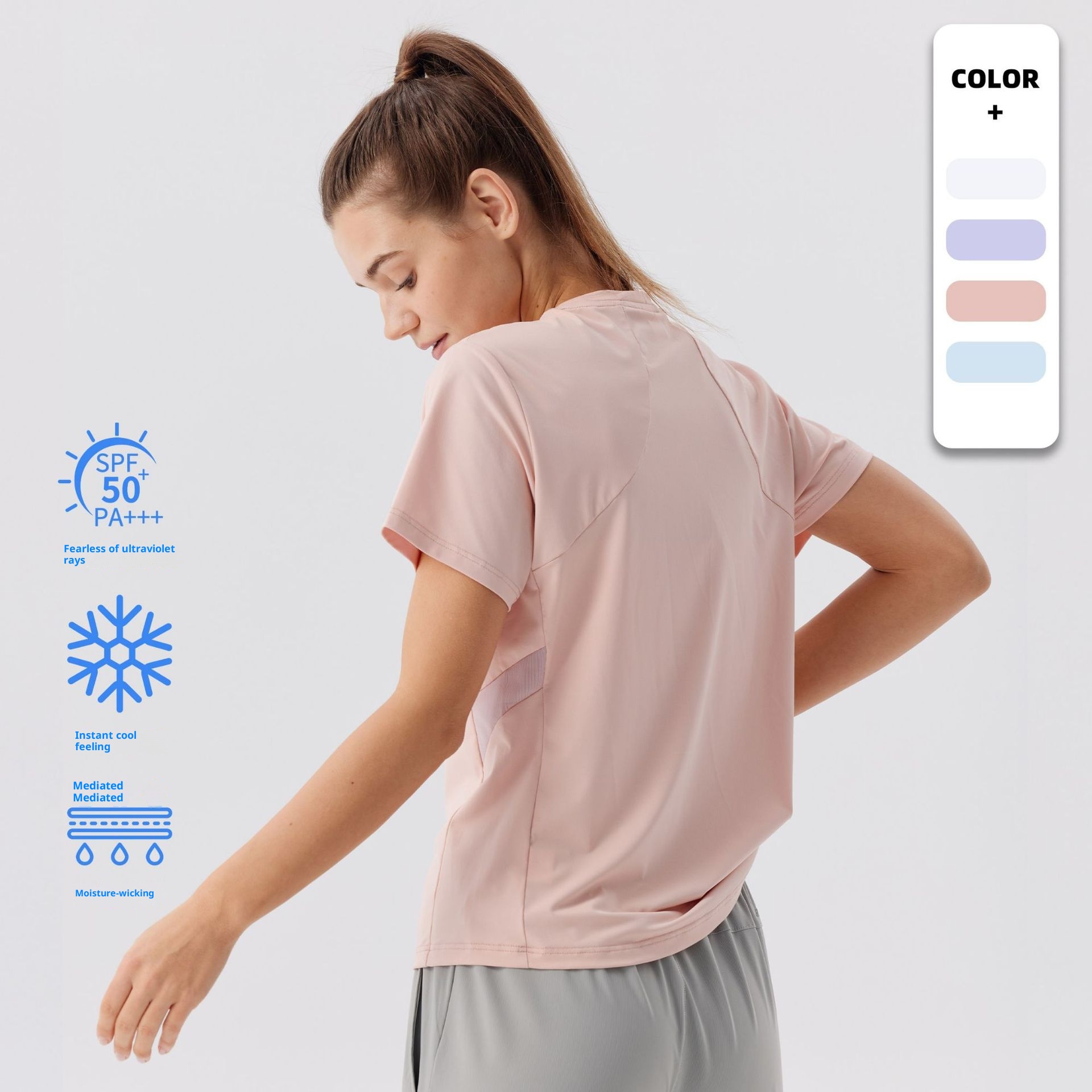 Camiseta deportiva ActiveGo de secado rápido, manga corta, ideal para fitness, fitness, tejido fino de seda de hielo con protección solar, perfecta para yoga al aire libre. Top para mujer._voghion.com