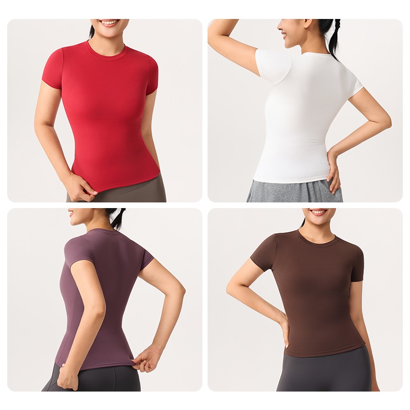 ActiveGo Seamless Nude Yoga Short Sleeve Sports Top Women's T-Shirt Outdoor Tennis Breathable Elastic Quick-Drying Fitness Wear_voghion.com