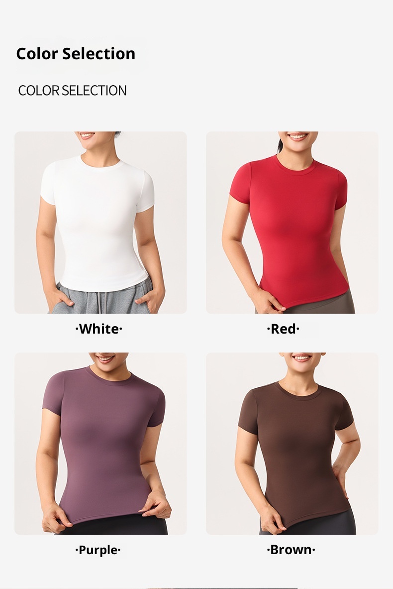 ActiveGo Seamless Nude Yoga Short Sleeve Sports Top Women's T-Shirt Outdoor Tennis Breathable Elastic Quick-Drying Fitness Wear_voghion.com
