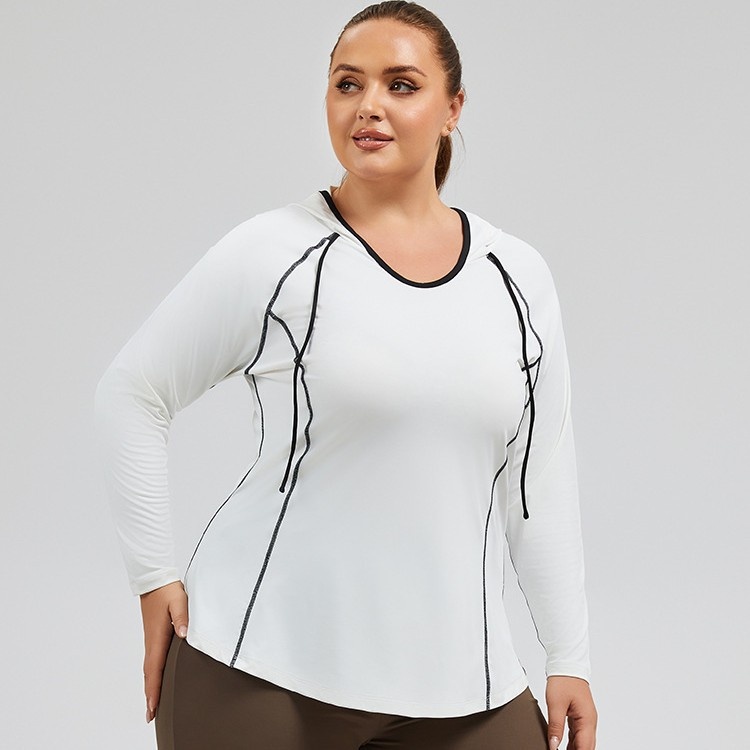 Camiseta de yoga con capucha ActiveGo Plus Size transpirable con bloques de color, de secado rápido, ideal para fitness al aire libre y para mujer._voghion.com