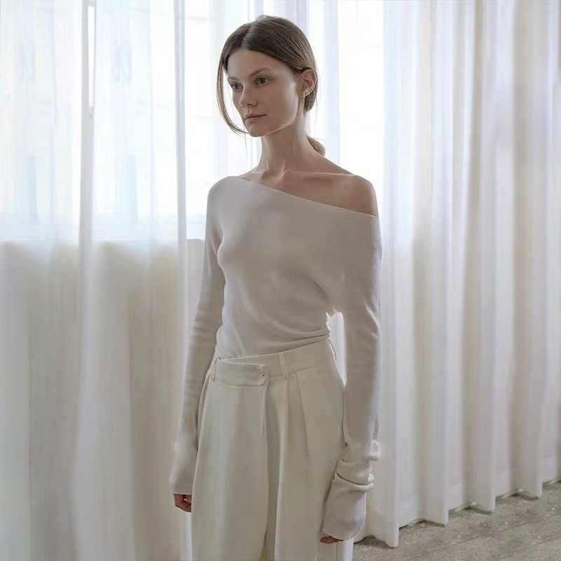 GraceChic GraceChic GraceChic Women's Wool Knit Sweater Blended Autumn Winter New Drop Shoulder Off-Shoulder Asymmetric Design Waist-Cinching Slim Fit_voghion.com