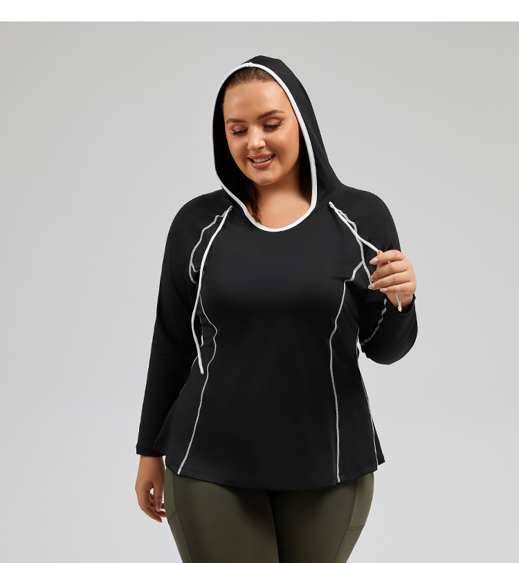 Camiseta de yoga con capucha ActiveGo Plus Size transpirable con bloques de color, de secado rápido, ideal para fitness al aire libre y para mujer._voghion.com