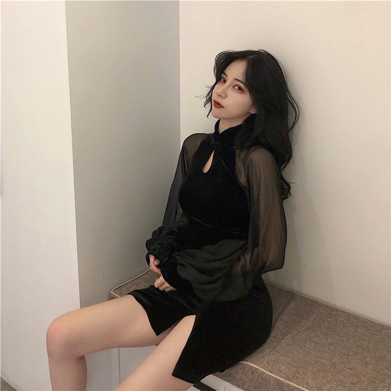 GraceChic GraceChic Slimming Cheongsam Autumn Winter New Stand Collar Lantern Sleeve High Waist Skirt Slit Bodycon Chiffon Velvet Patchwork_voghion.com