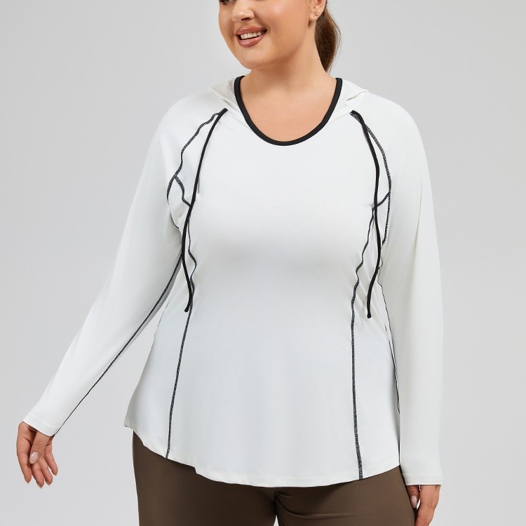 Camiseta de yoga con capucha ActiveGo Plus Size transpirable con bloques de color, de secado rápido, ideal para fitness al aire libre y para mujer._voghion.com