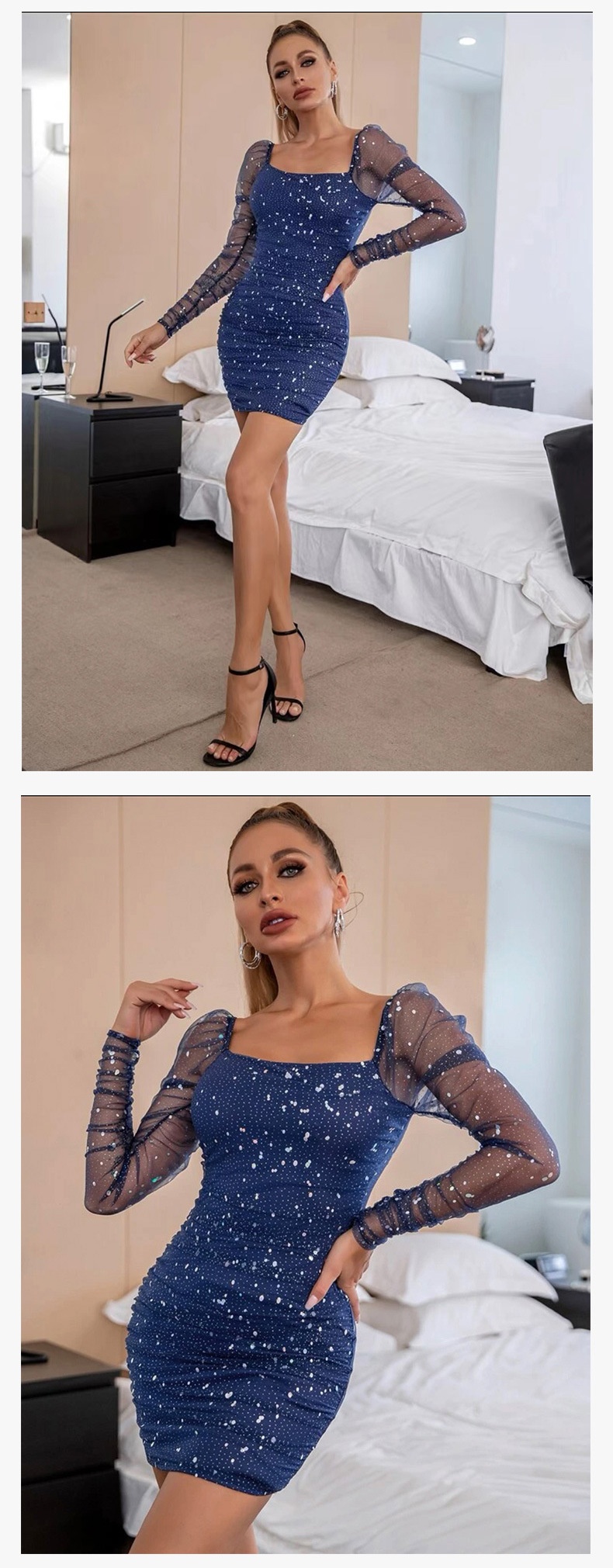 GraceChic GraceChic Cross-Border Nouvelle Mode Femme Col Carré Manches Longues Taille Cintrée Maille Transparente Sexy Paillettes Short Européen Et_voghion.com