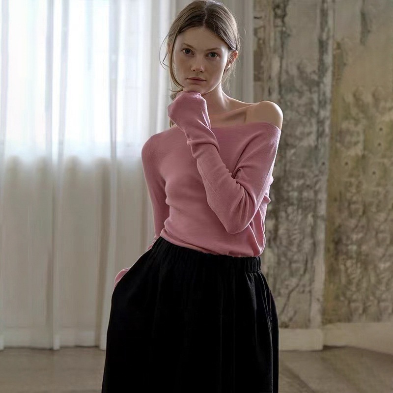 GraceChic GraceChic GraceChic Women's Wool Knit Sweater Blended Autumn Winter New Drop Shoulder Off-Shoulder Asymmetric Design Waist-Cinching Slim Fit_voghion.com