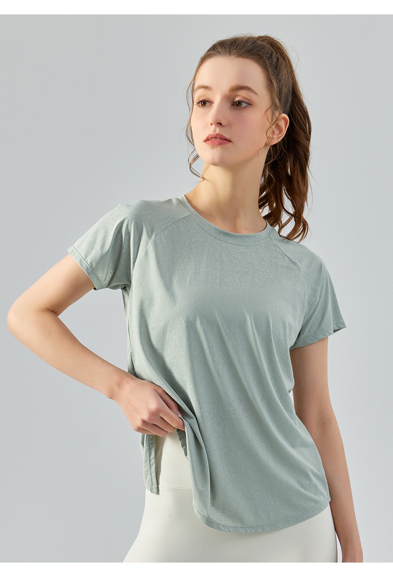 Haut ActiveGo printemps-été extérieur en jacquard jade fendu dans le dos, idéal pour le sport, le fitness et le yoga. Parfait pour les femmes._voghion.com