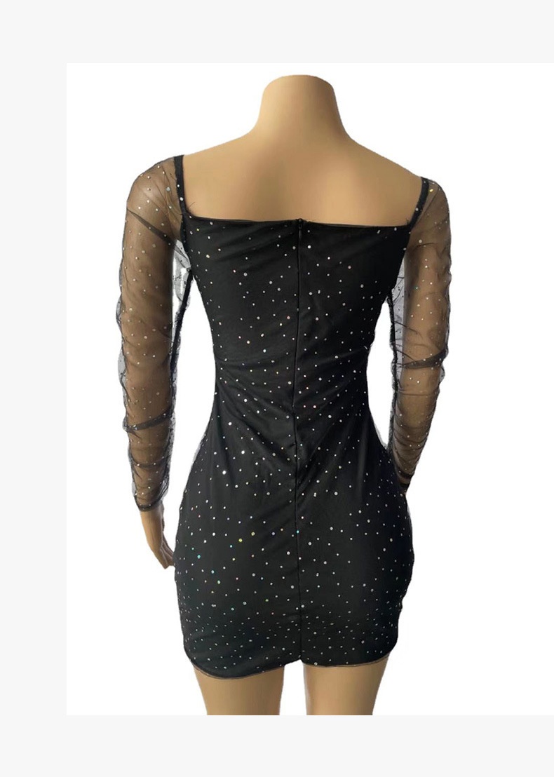 GraceChic GraceChic Cross-Border Nouvelle Mode Femme Col Carré Manches Longues Taille Cintrée Maille Transparente Sexy Paillettes Short Européen Et_voghion.com