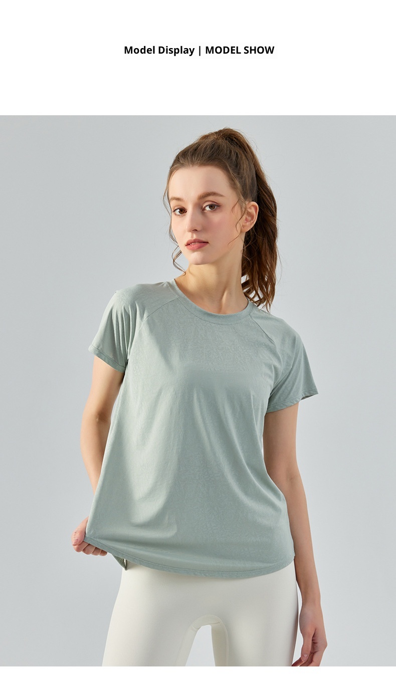 Haut ActiveGo printemps-été extérieur en jacquard jade fendu dans le dos, idéal pour le sport, le fitness et le yoga. Parfait pour les femmes._voghion.com