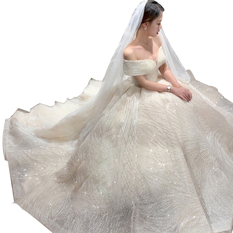 GraceChic GraceChic 2025 New Main Wedding Dress Bride Off-Shoulder Slimming French Hepburn Elegant Starry Sky Train Dreamy Internet_voghion.com