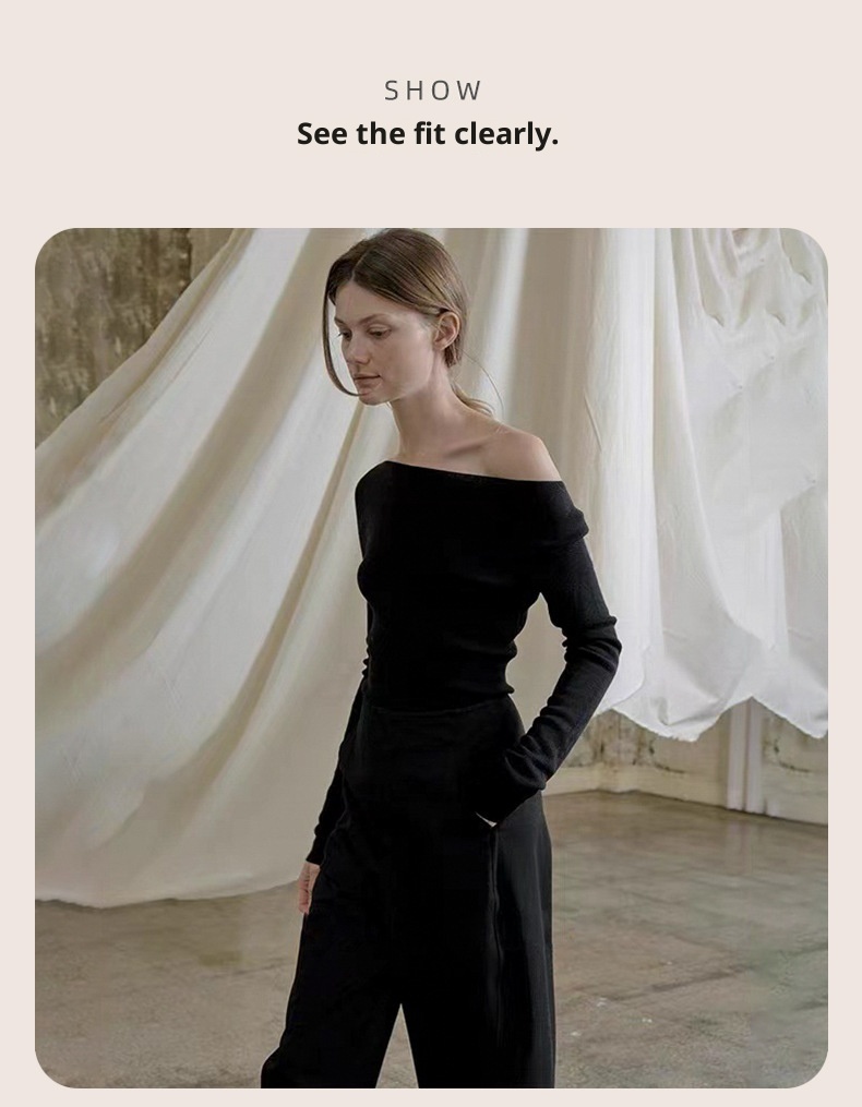 GraceChic GraceChic GraceChic Women's Wool Knit Sweater Blended Autumn Winter New Drop Shoulder Off-Shoulder Asymmetric Design Waist-Cinching Slim Fit_voghion.com