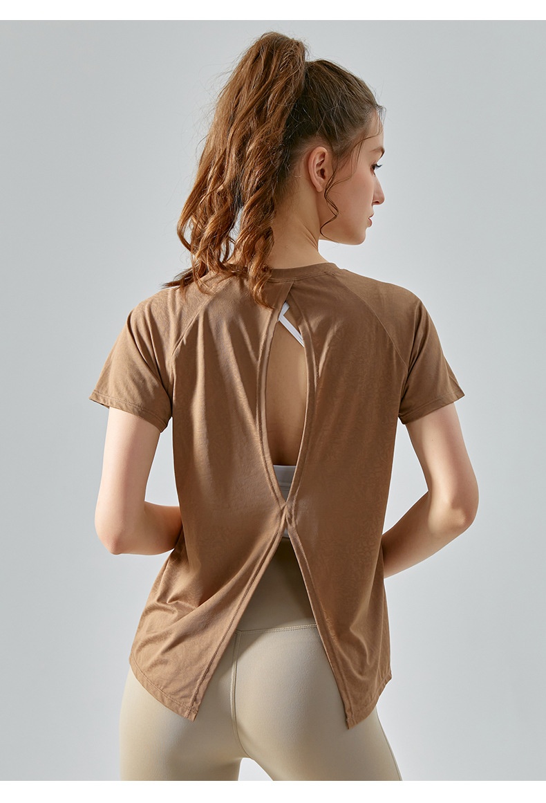 Haut ActiveGo printemps-été extérieur en jacquard jade fendu dans le dos, idéal pour le sport, le fitness et le yoga. Parfait pour les femmes._voghion.com