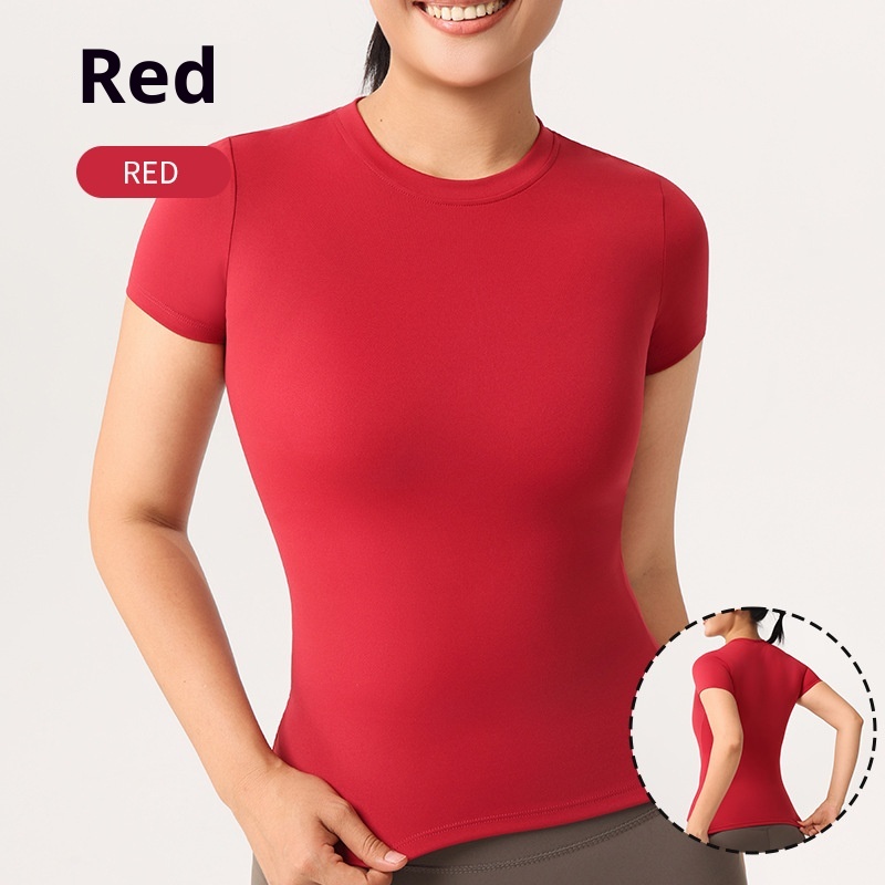 ActiveGo Seamless Nude Yoga Short Sleeve Sports Top Women's T-Shirt Outdoor Tennis Breathable Elastic Quick-Drying Fitness Wear_voghion.com