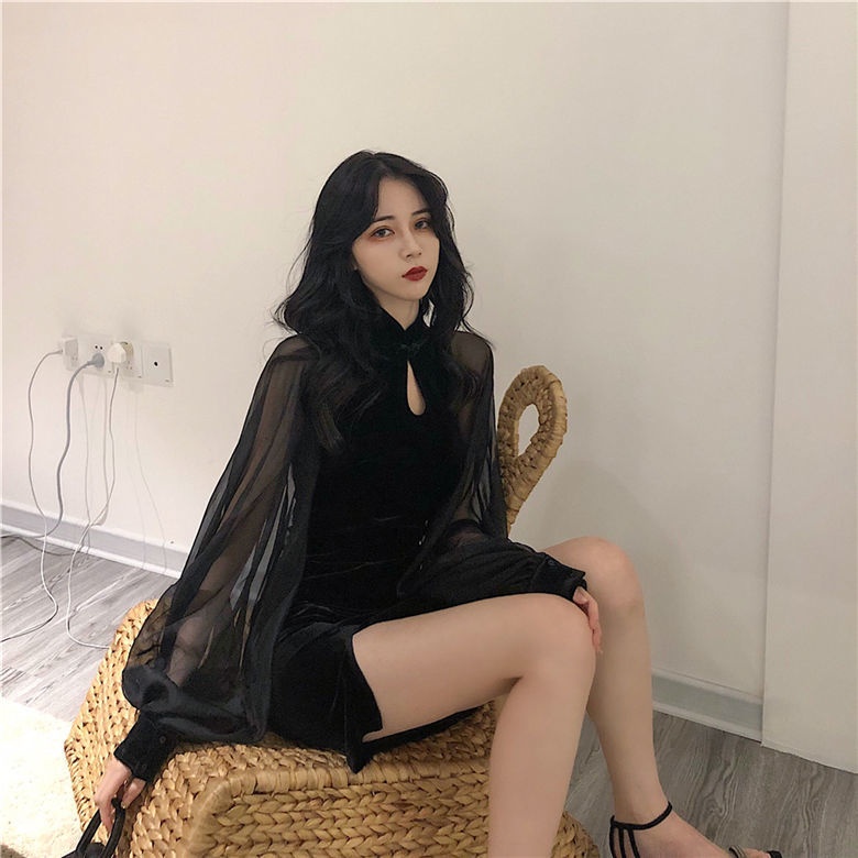 GraceChic GraceChic Slimming Cheongsam Autumn Winter New Stand Collar Lantern Sleeve High Waist Skirt Slit Bodycon Chiffon Velvet Patchwork_voghion.com