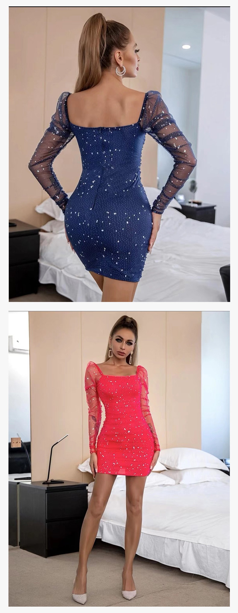 GraceChic GraceChic Cross-Border Nouvelle Mode Femme Col Carré Manches Longues Taille Cintrée Maille Transparente Sexy Paillettes Short Européen Et_voghion.com