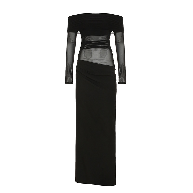 GraceChic Printemps Été Style Européen et Américain Élégante Robe à épaules dénudées Sexy en résille transparente mettant en valeur la taille et la personnalité asymétrique_voghion.com