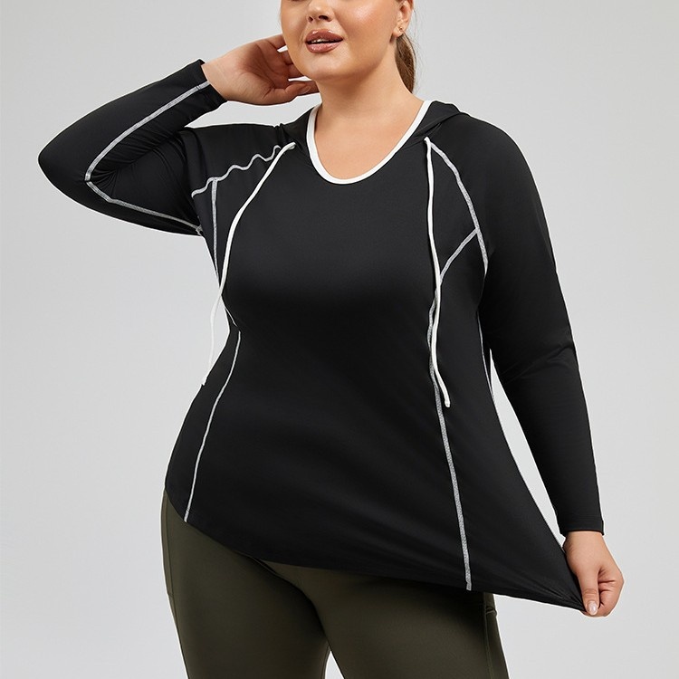 Camiseta de yoga con capucha ActiveGo Plus Size transpirable con bloques de color, de secado rápido, ideal para fitness al aire libre y para mujer._voghion.com