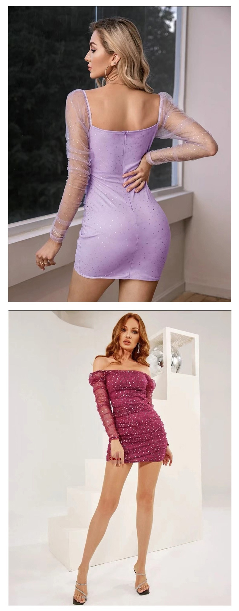 GraceChic GraceChic Cross-Border Nouvelle Mode Femme Col Carré Manches Longues Taille Cintrée Maille Transparente Sexy Paillettes Short Européen Et_voghion.com