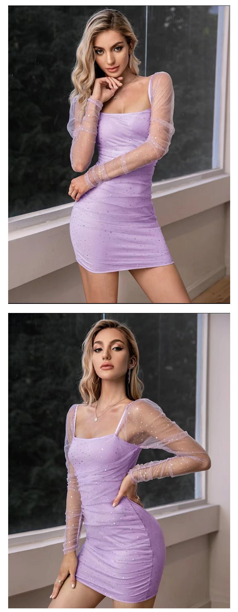 GraceChic GraceChic Cross-Border Nouvelle Mode Femme Col Carré Manches Longues Taille Cintrée Maille Transparente Sexy Paillettes Short Européen Et_voghion.com