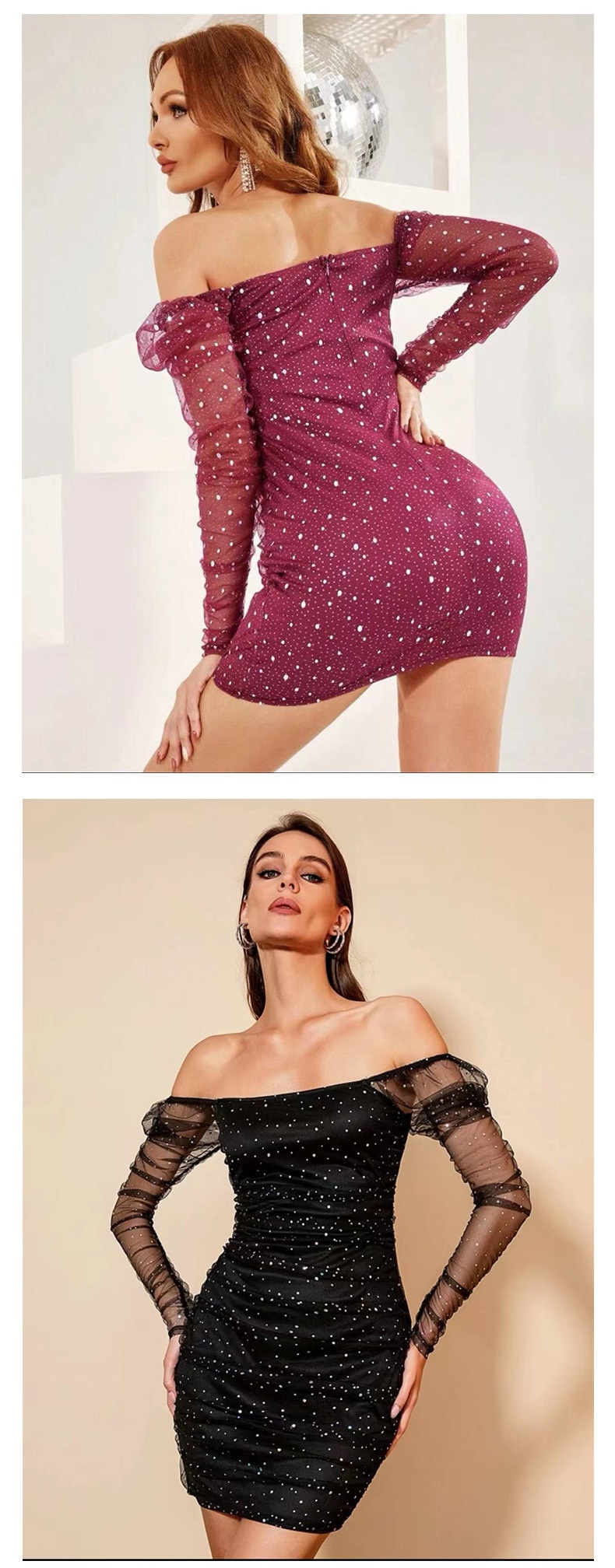 GraceChic GraceChic Cross-Border Nouvelle Mode Femme Col Carré Manches Longues Taille Cintrée Maille Transparente Sexy Paillettes Short Européen Et_voghion.com