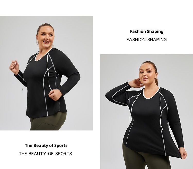 Camiseta de yoga con capucha ActiveGo Plus Size transpirable con bloques de color, de secado rápido, ideal para fitness al aire libre y para mujer._voghion.com