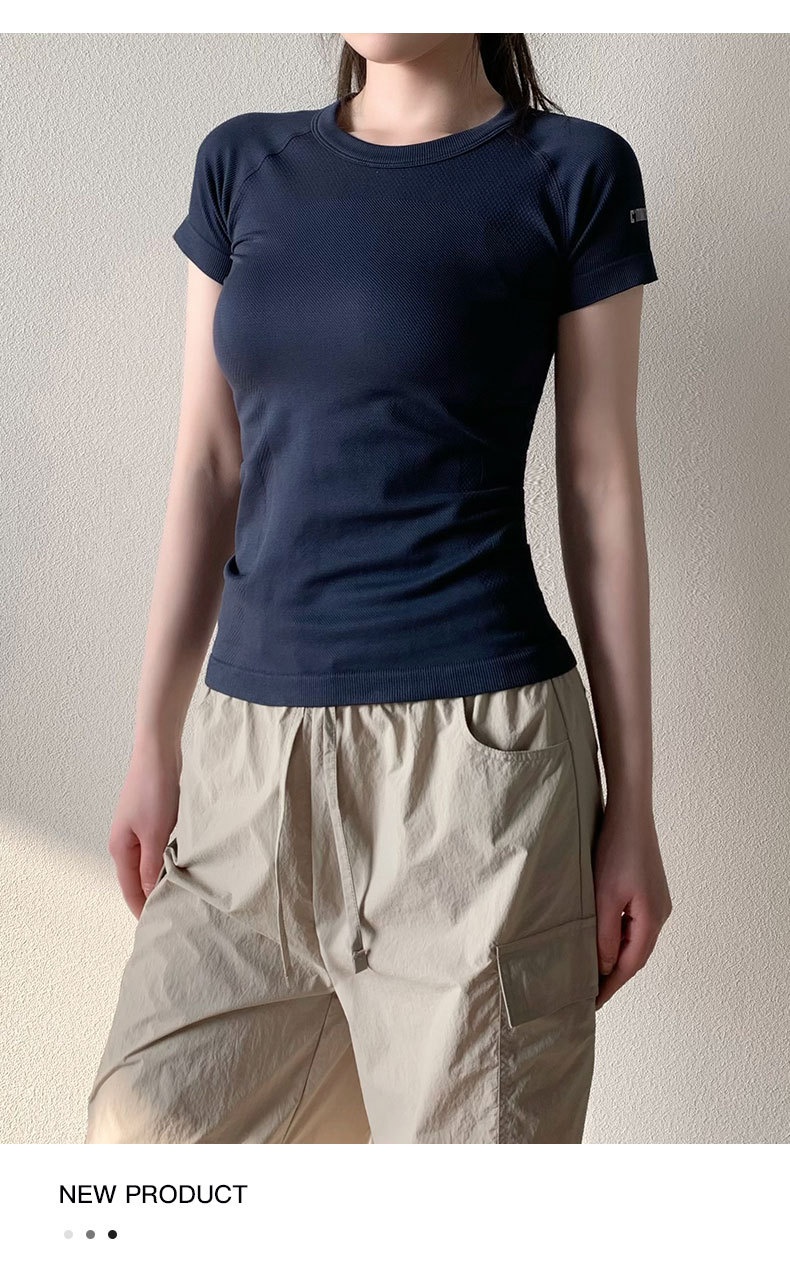 T-shirt de yoga ActiveGo pour femme, col rond, respirant, évacuant l'humidité, haut de sport, course à pied en extérieur, t-shirt de fitness, court_voghion.com