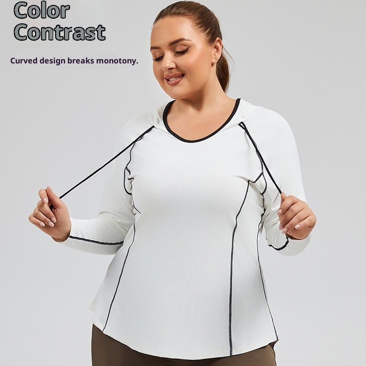 Camiseta de yoga con capucha ActiveGo Plus Size transpirable con bloques de color, de secado rápido, ideal para fitness al aire libre y para mujer._voghion.com
