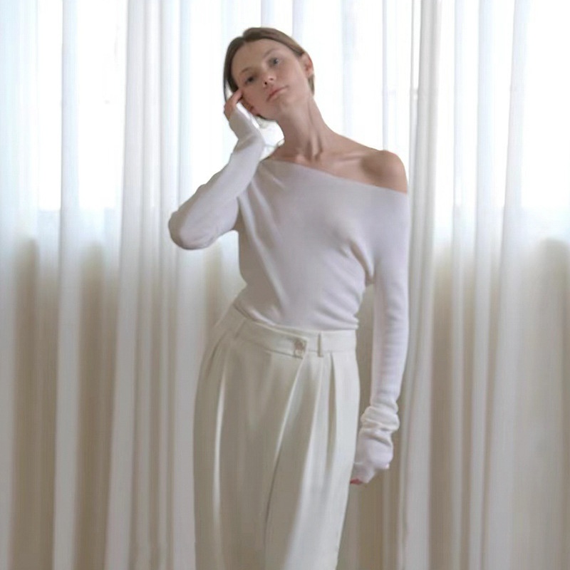 GraceChic GraceChic GraceChic Women's Wool Knit Sweater Blended Autumn Winter New Drop Shoulder Off-Shoulder Asymmetric Design Waist-Cinching Slim Fit_voghion.com
