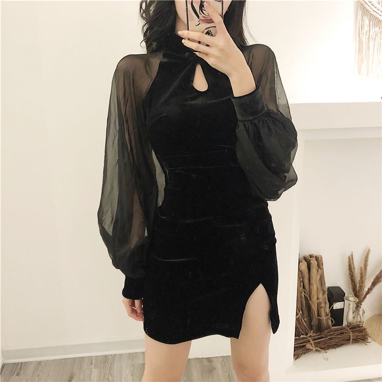 GraceChic GraceChic Slimming Cheongsam Autumn Winter New Stand Collar Lantern Sleeve High Waist Skirt Slit Bodycon Chiffon Velvet Patchwork_voghion.com