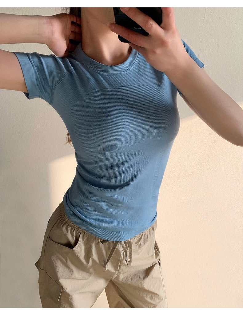 T-shirt de yoga ActiveGo pour femme, col rond, respirant, évacuant l'humidité, haut de sport, course à pied en extérieur, t-shirt de fitness, court_voghion.com