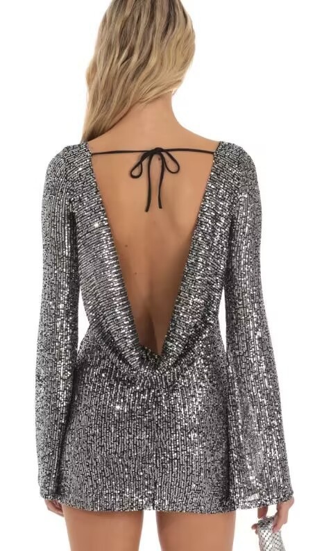 GraceChic Robe courte à sequins en maille transparente, col carré, manches longues et taille cintrée, style européen et américain, pour femme_voghion.com