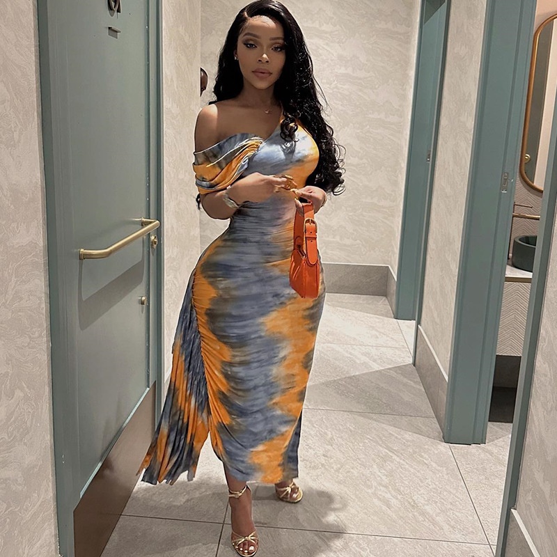 GraceChic GraceChic European And American Style Asymmetrical Neck Slim Fit Midi Bodycon Printed Pullover Women High Waist Slimming Dress_voghion.com