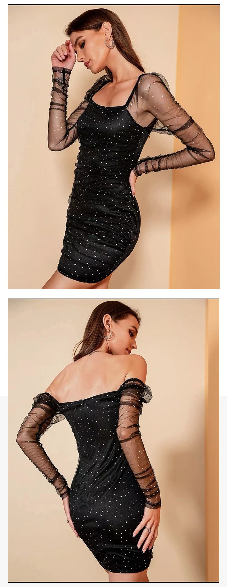 GraceChic GraceChic Cross-Border Nouvelle Mode Femme Col Carré Manches Longues Taille Cintrée Maille Transparente Sexy Paillettes Short Européen Et_voghion.com