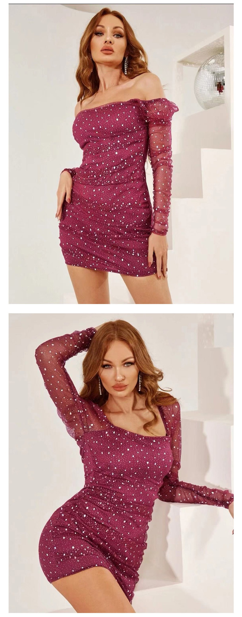 GraceChic GraceChic Cross-Border Nouvelle Mode Femme Col Carré Manches Longues Taille Cintrée Maille Transparente Sexy Paillettes Short Européen Et_voghion.com