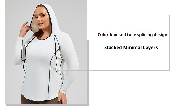Camiseta de yoga con capucha ActiveGo Plus Size transpirable con bloques de color, de secado rápido, ideal para fitness al aire libre y para mujer._voghion.com