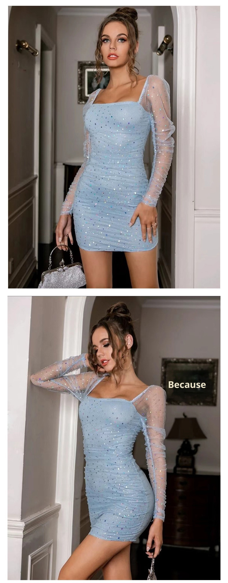 GraceChic GraceChic Cross-Border Nouvelle Mode Femme Col Carré Manches Longues Taille Cintrée Maille Transparente Sexy Paillettes Short Européen Et_voghion.com