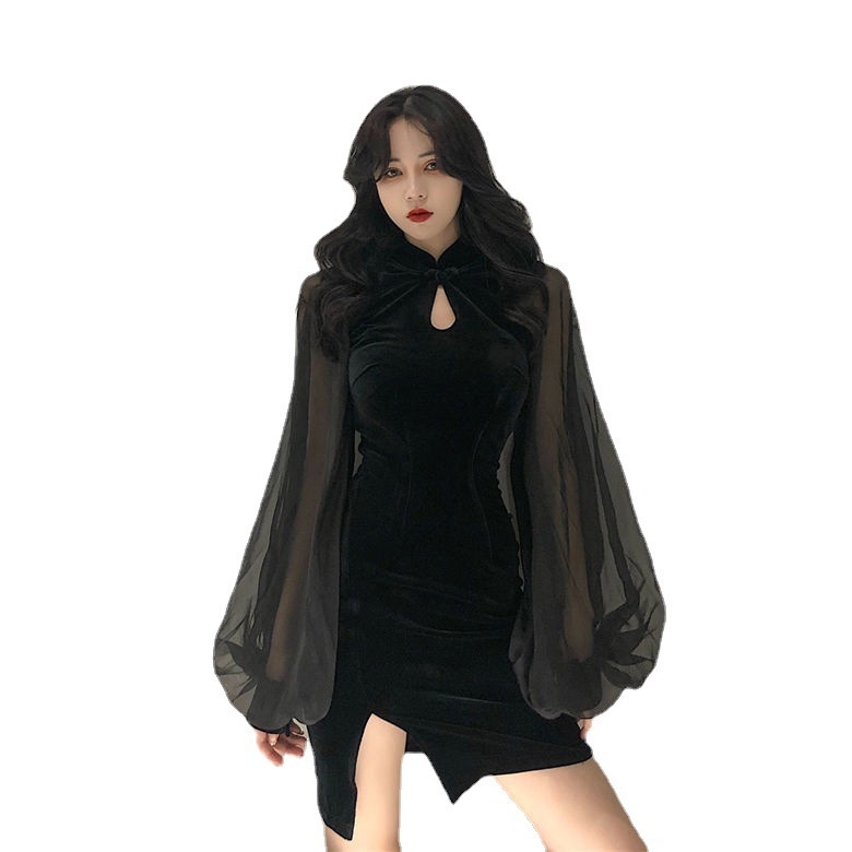 GraceChic GraceChic Slimming Cheongsam Autumn Winter New Stand Collar Lantern Sleeve High Waist Skirt Slit Bodycon Chiffon Velvet Patchwork_voghion.com