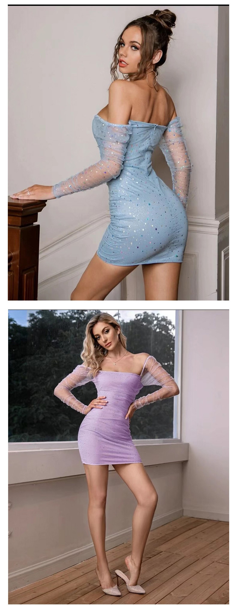 GraceChic GraceChic Cross-Border Nouvelle Mode Femme Col Carré Manches Longues Taille Cintrée Maille Transparente Sexy Paillettes Short Européen Et_voghion.com