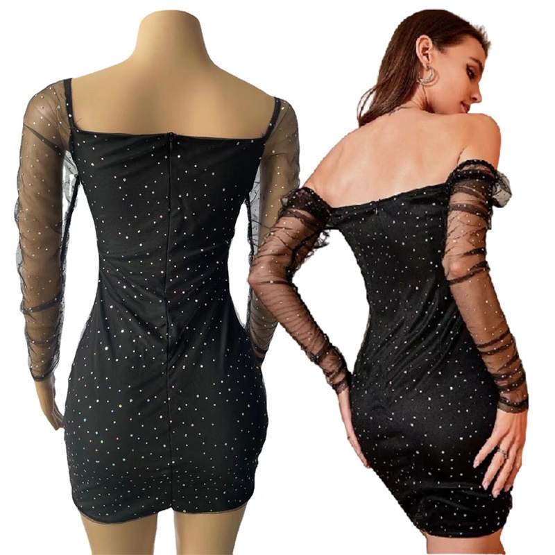 GraceChic GraceChic Cross-Border Nouvelle Mode Femme Col Carré Manches Longues Taille Cintrée Maille Transparente Sexy Paillettes Short Européen Et_voghion.com