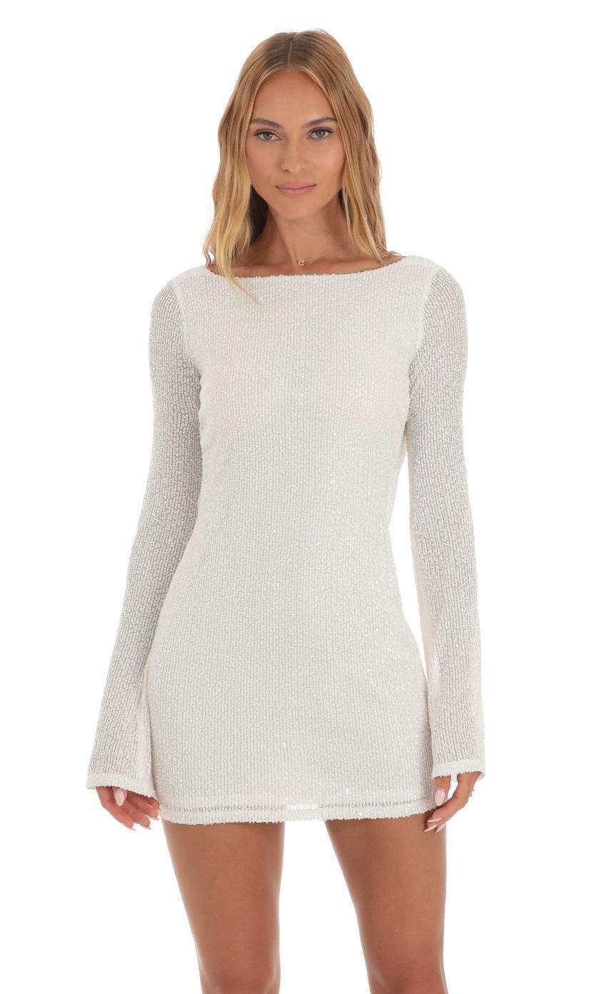 GraceChic Robe courte à sequins en maille transparente, col carré, manches longues et taille cintrée, style européen et américain, pour femme_voghion.com