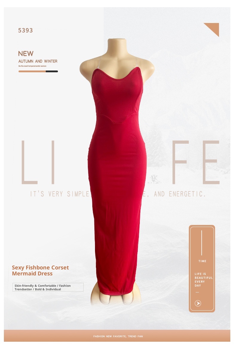 GraceChic GraceChic Cross-Border New European And American Style Sexy Slim Deep V-Neck Bodycon Long Formal Fishbone Strapless Mermaid Dress_voghion.com