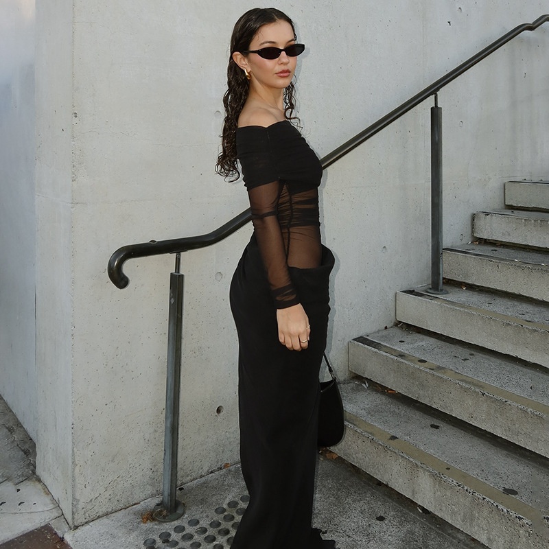 GraceChic Printemps Été Style Européen et Américain Élégante Robe à épaules dénudées Sexy en résille transparente mettant en valeur la taille et la personnalité asymétrique_voghion.com