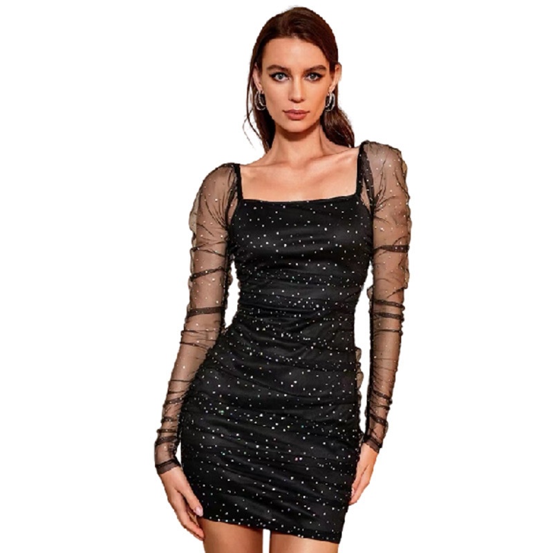 GraceChic GraceChic Cross-Border Nouvelle Mode Femme Col Carré Manches Longues Taille Cintrée Maille Transparente Sexy Paillettes Short Européen Et_voghion.com