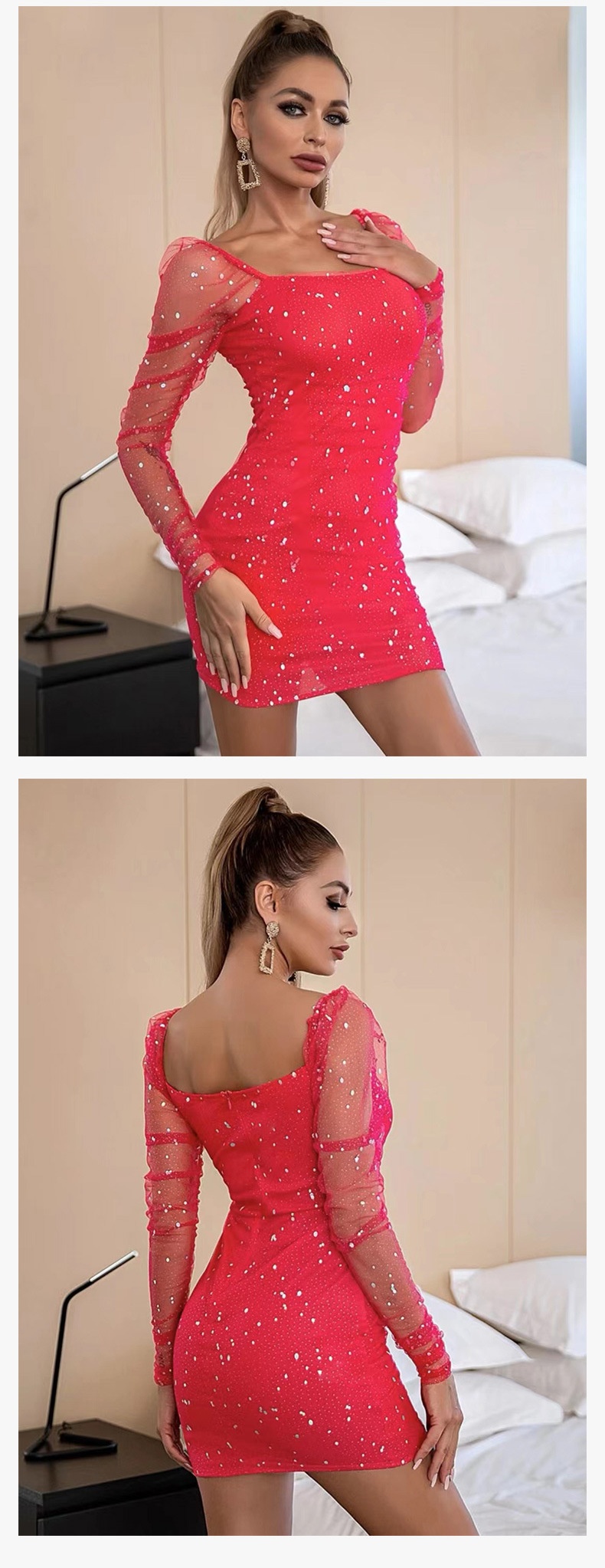 GraceChic GraceChic Cross-Border Nouvelle Mode Femme Col Carré Manches Longues Taille Cintrée Maille Transparente Sexy Paillettes Short Européen Et_voghion.com