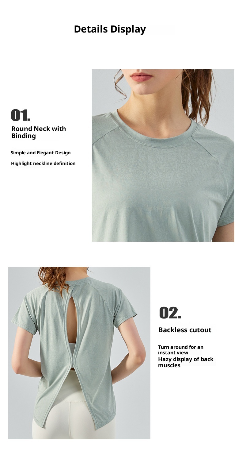 Haut ActiveGo printemps-été extérieur en jacquard jade fendu dans le dos, idéal pour le sport, le fitness et le yoga. Parfait pour les femmes._voghion.com