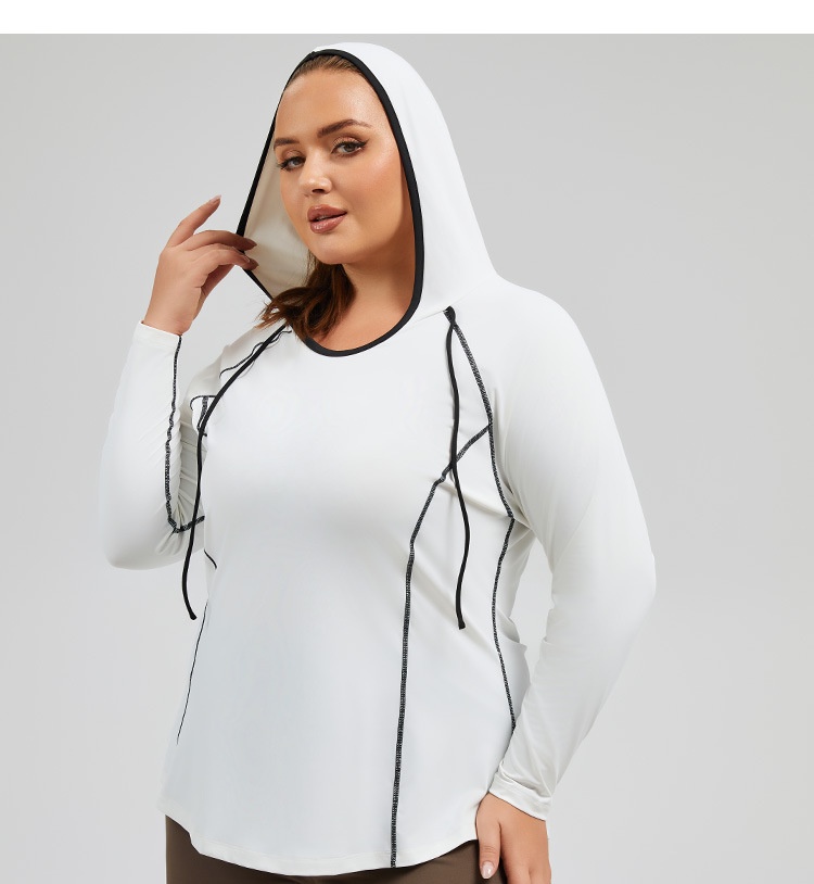 Camiseta de yoga con capucha ActiveGo Plus Size transpirable con bloques de color, de secado rápido, ideal para fitness al aire libre y para mujer._voghion.com