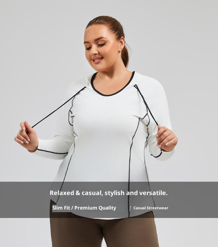 Camiseta de yoga con capucha ActiveGo Plus Size transpirable con bloques de color, de secado rápido, ideal para fitness al aire libre y para mujer._voghion.com