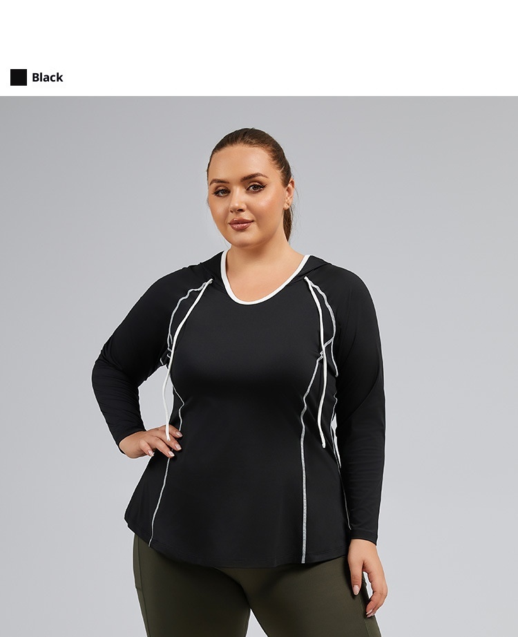 Camiseta de yoga con capucha ActiveGo Plus Size transpirable con bloques de color, de secado rápido, ideal para fitness al aire libre y para mujer._voghion.com