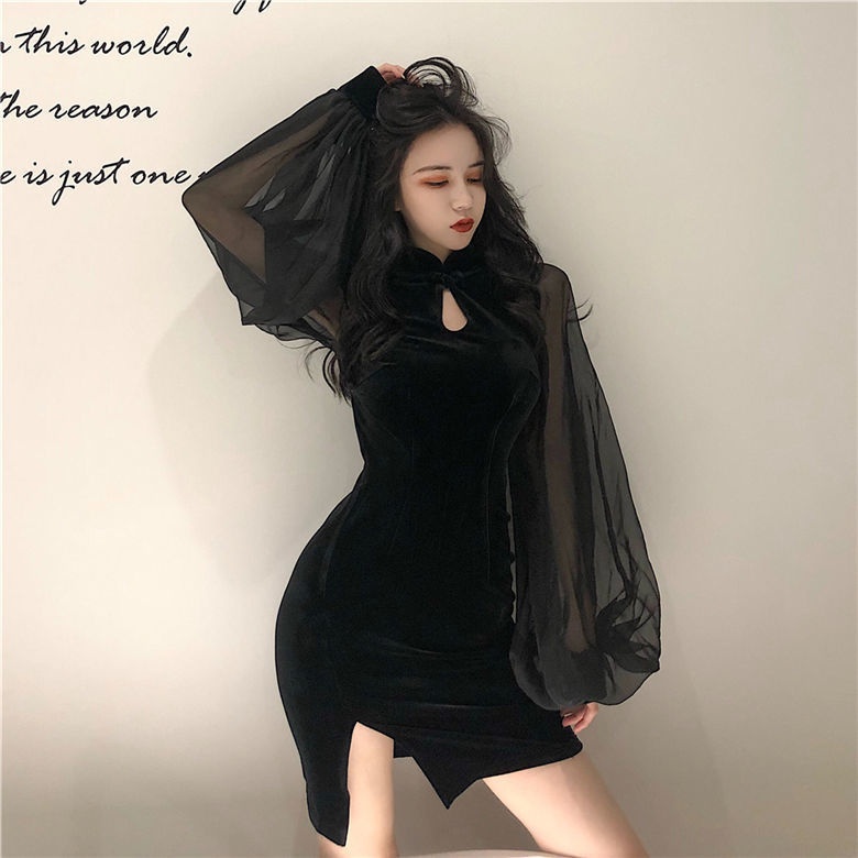 GraceChic GraceChic Slimming Cheongsam Autumn Winter New Stand Collar Lantern Sleeve High Waist Skirt Slit Bodycon Chiffon Velvet Patchwork_voghion.com